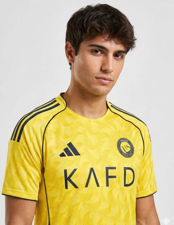 Primo piano del design e dello stemma sulla maglia Al Nassr 2025/26 - Stile Cristiano Ronaldo.