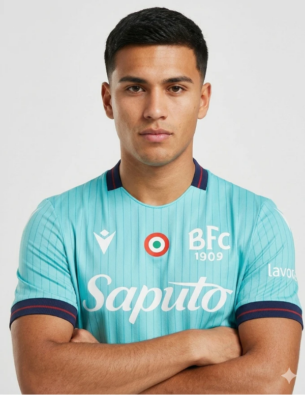 Bologna Maglia Terza Third 2025/2026 Macron - Dettaglio Coccarda BFC 1909 e Colletto Navy