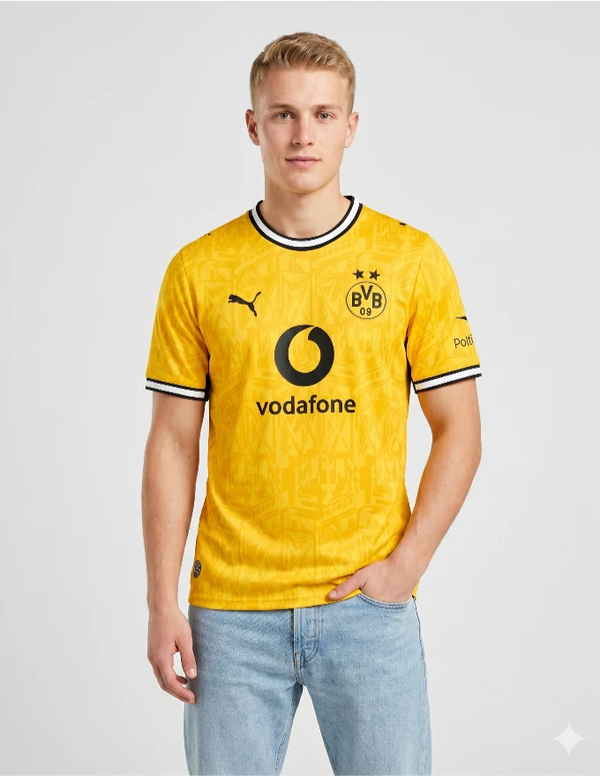 Borussia Dortmund maglia home 2026/2027 Puma gialla con pattern architettonico tono su tono e sponsor Vodafone nero