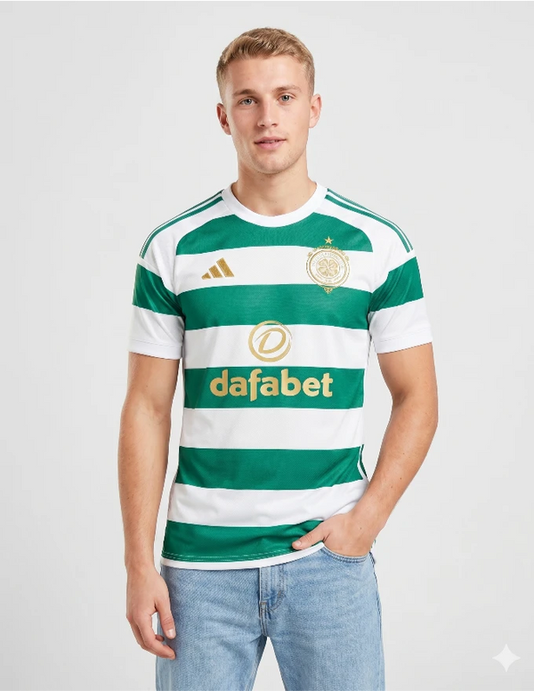 Celtic maglia home 2026/2027 Adidas a strisce orizzontali verde e bianco con stemma anniversario dorato e sponsor Dafabet