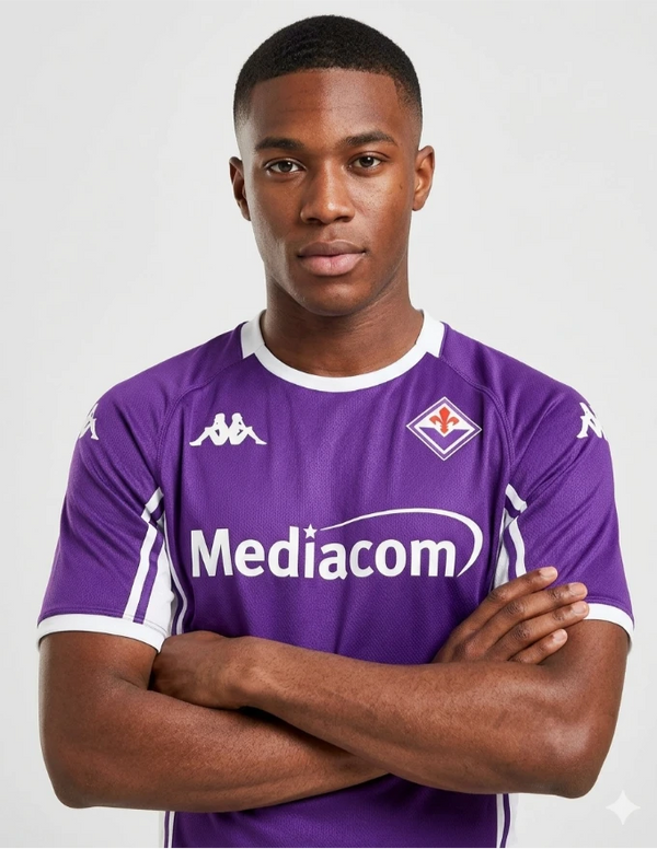Fiorentina Maglia Home 2025/2026 Kappa - Dettaglio Stemma Giglio e Sponsor Mediacom