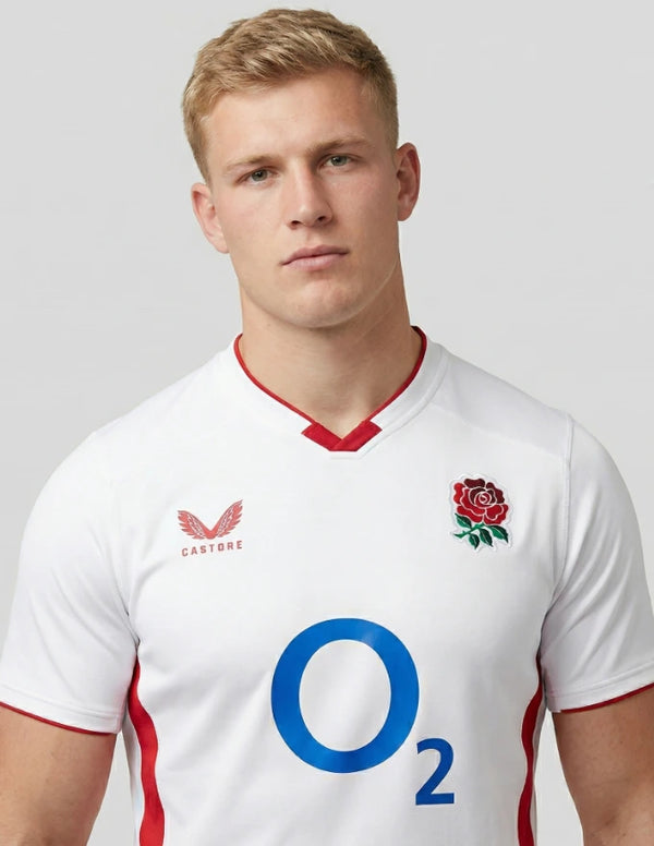 inghilterra rugby maglia home 2025 2026 castore dettaglio rosa tudor stemma colletto