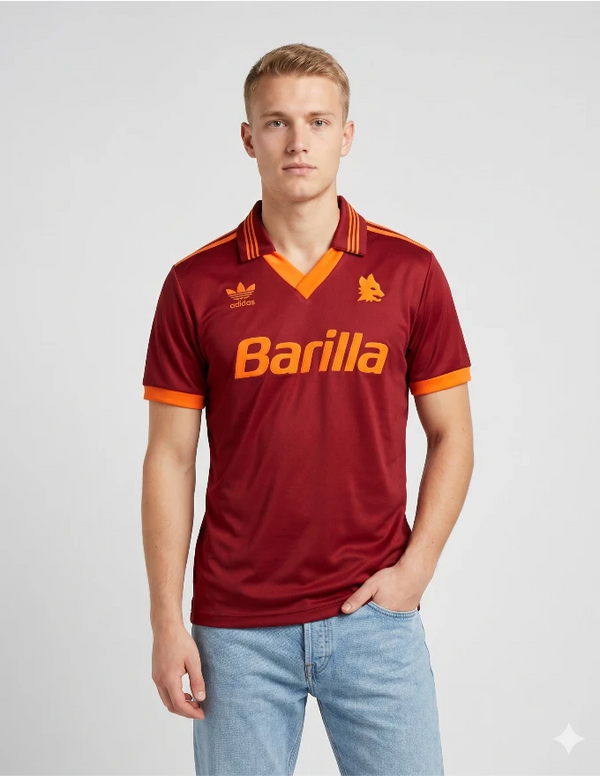 Maglia AS Roma Home 1992/1993 Adidas bordeaux con sponsor Barilla arancio e tre bande sulle spalle
