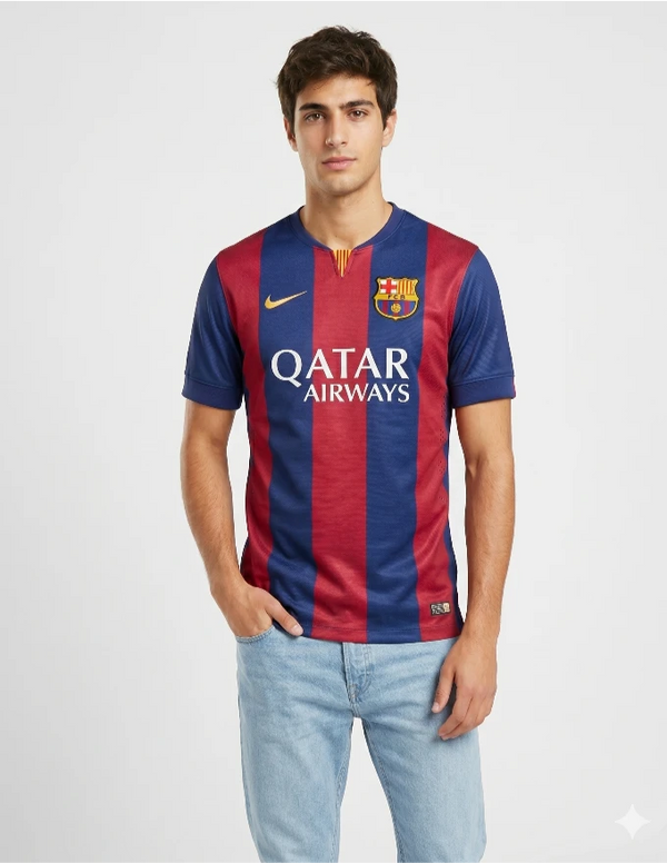 Maglia Barcellona Home 2014/2015 Nike blaugrana con strisce verticali larghe e sponsor Qatar Airways bianco