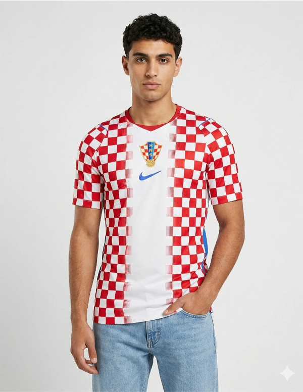 Maglia Croazia Home 2026 Nike con pattern a scacchi rosso e bianco e stemma HNS indossata da modello