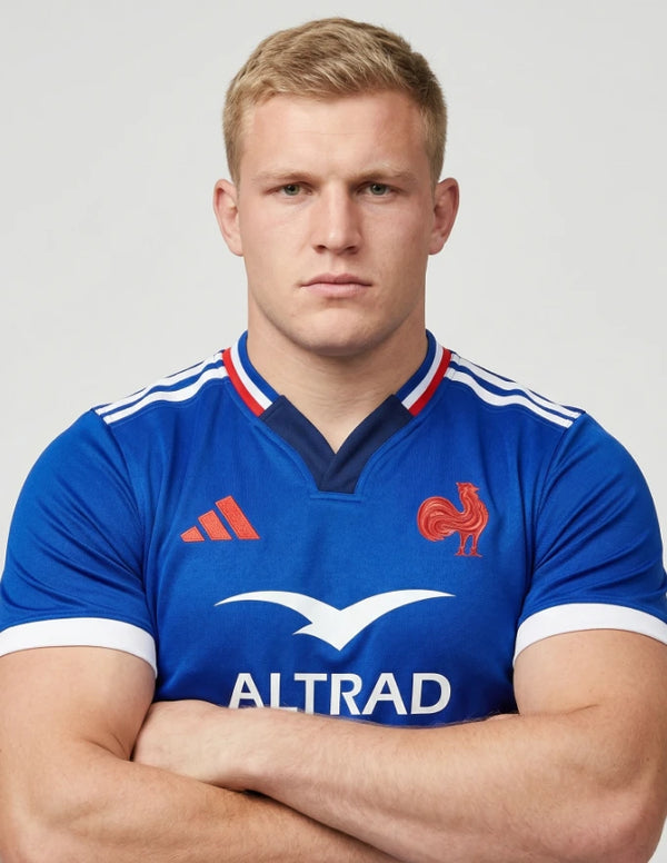 Maglia Francia Rugby Home 2025/2026 Adidas close-up busto, modello con braccia conserte, colletto V tricolore bianco-rosso-blu, logo Adidas rosso, gallo gallico ricamato rosso e band alare bianca sul petto