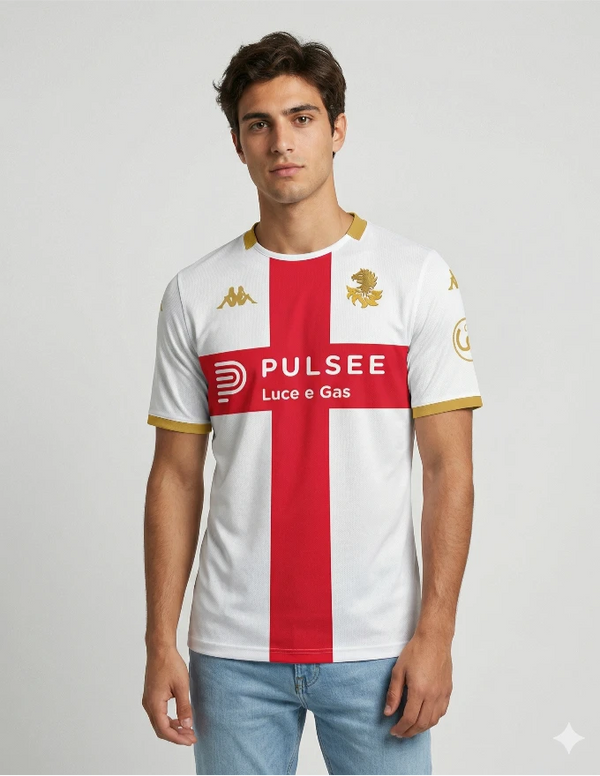maglia genoa away 2025 2026 kappa dettaglio grifone dorato sponsor pulsee croce rossa