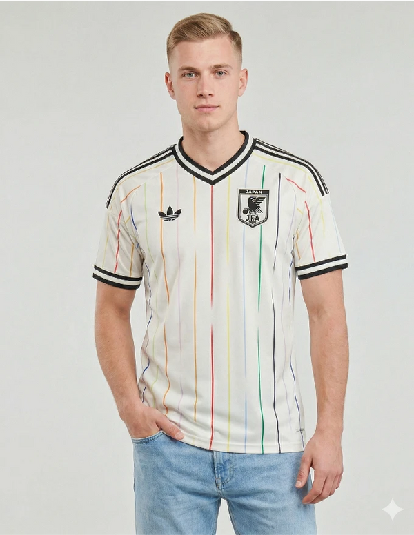 maglia giappone away 2026 adidas originals bianca righe verticali multicolor stemma jfa