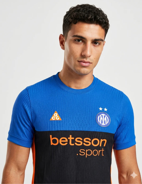 Dettaglio maglia Inter Fourth Milano Cortina 2025/2026 Nike ACG con stemma Inter due stelle e sponsor Betsson.sport arancione
