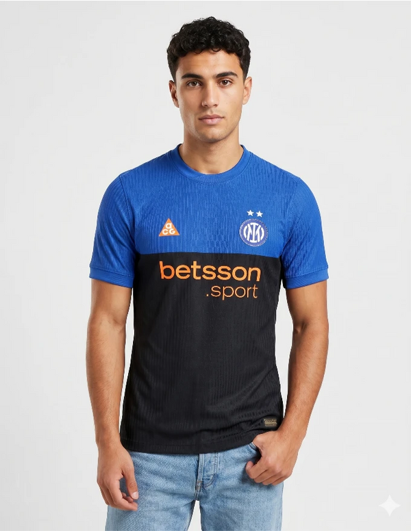 Maglia Inter Fourth Milano Cortina 2025/2026 Nike ACG blu e nera con sponsor Betsson e logo ACG arancione indossata da modello