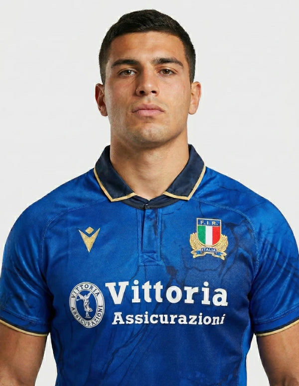 Maglia Italia Rugby Home 2025/26 dettaglio stemma FIR e colletto oro