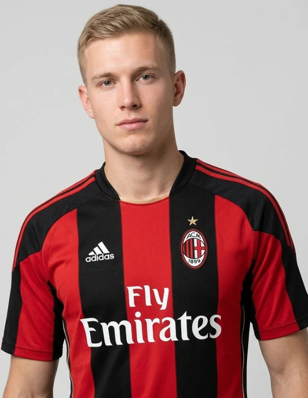 Dettaglio maglia AC Milan Home 2010/2011 Adidas con stemma e sponsor Fly Emirates
