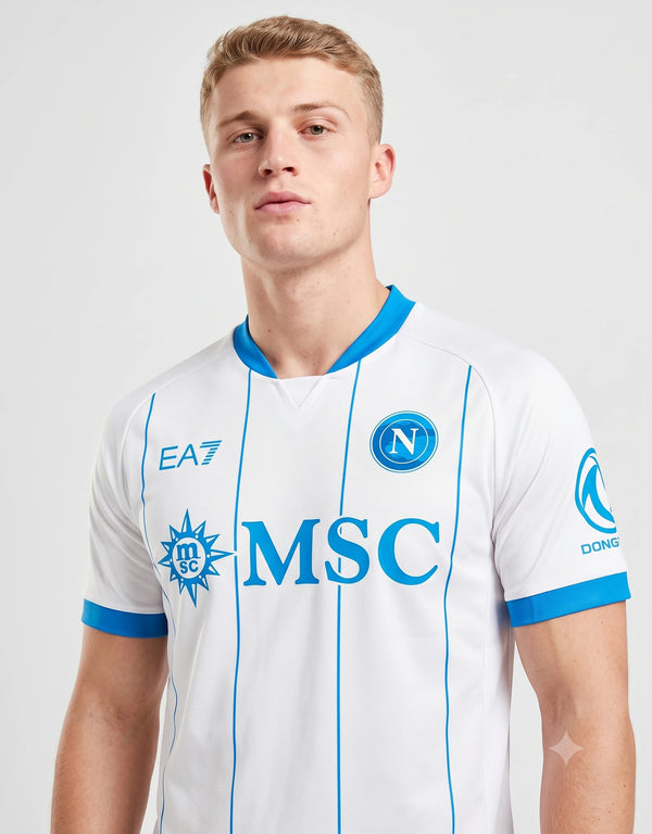 Maglia Napoli Away 2026/2027 EA7 bianca con righe azzurre stemma Napoli e sponsor MSC
