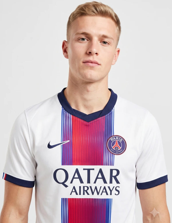 Dettaglio stemma Paris Saint-Germain e banda sfumata sulla maglia PSG Away 2026/2027