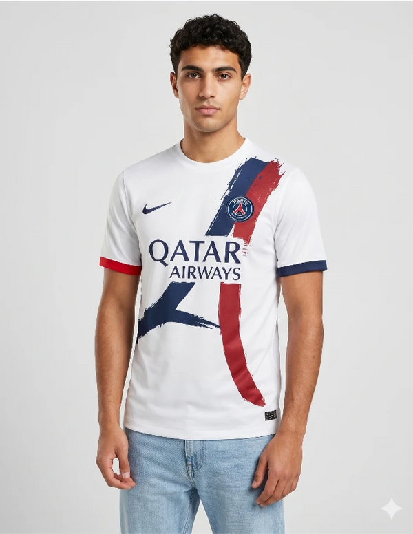 PSG seconda maglia away 2025/2026 Nike bianca con grafica pennellate blu navy e rosse e sponsor Qatar Airways