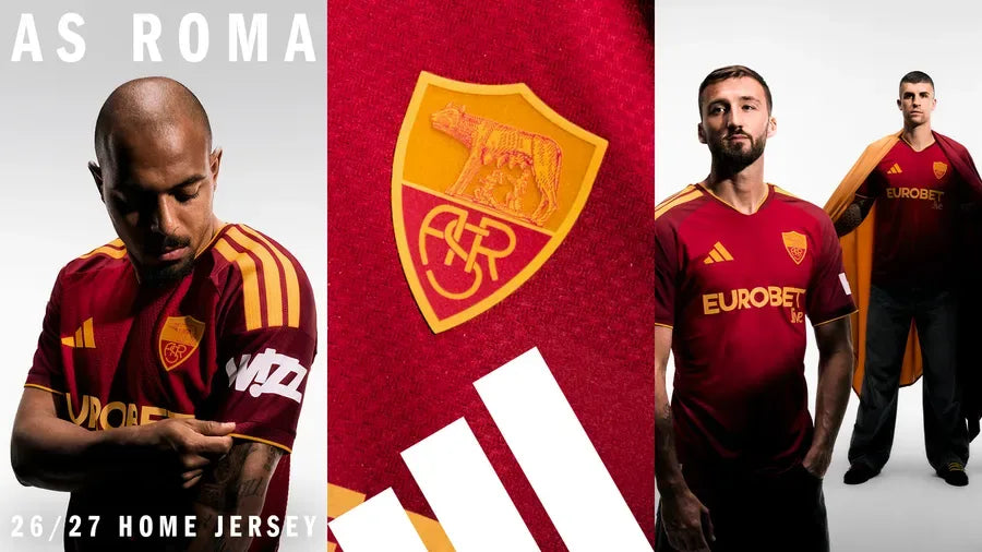 Maglia AS Roma Home 2026/2027 rosso e oro con stemma Lupa Capitolina