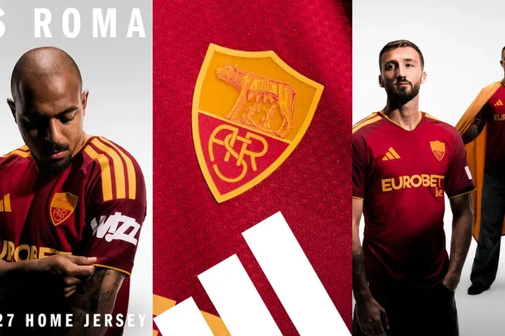 Maglia AS Roma Home 2026/2027 rosso e oro con stemma Lupa Capitolina