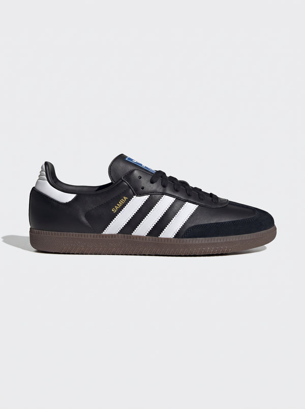 Adidas Samba OG Core Black Cloud White Gum vista laterale con 3 Stripes bianche e suola gum
