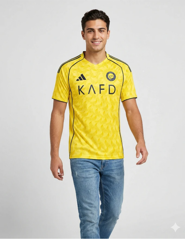 Modello che indossa la maglia Al Nassr Home 2025/2026 gialla di CR7 - Provehito.
