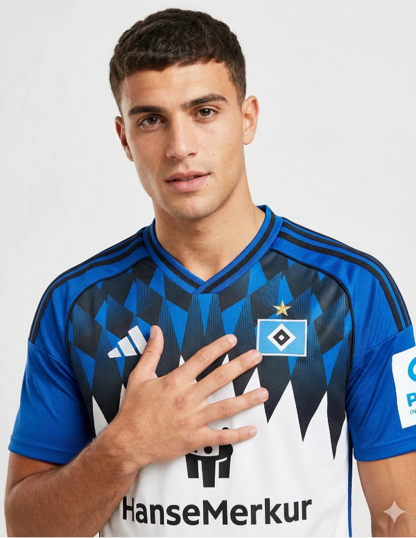 Amburgo Maglia Home 2025/2026 Adidas - Dettaglio Stemma HSV Stella Dorata e Punte Blu