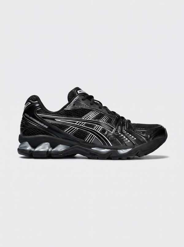 Asics Gel-Kayano 14 Black Pure Silver vista laterale sneaker running nera con dettagli argento