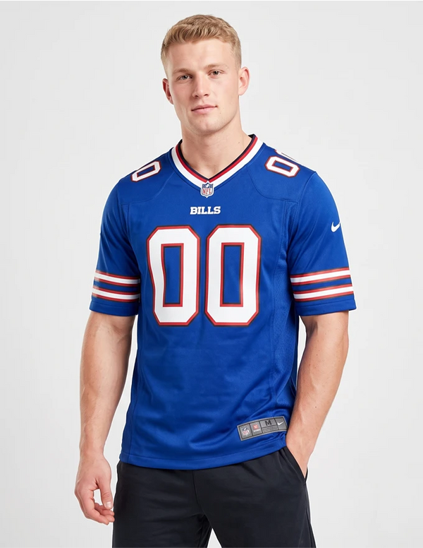 Maglia Buffalo Bills Home Game Nike vista frontale dettaglio colletto e scudo NFL