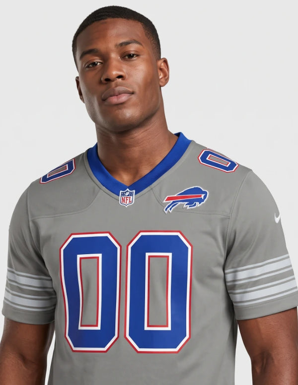 Maglia Buffalo Bills Nickel City Alternate Game dettaglio colletto e scudo NFL