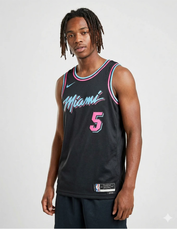 canotta miami heat city edition 2025 nike nera scritta miami corsivo turchese rosa neon