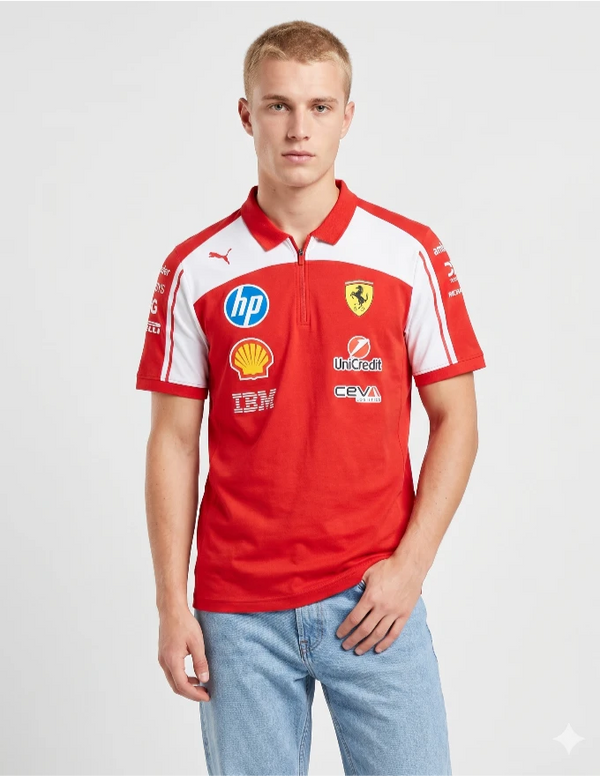 Ferrari Polo HP Replica Scuderia 2026 Puma rossa con inserti bianchi e sponsor Shell IBM UniCredit HP