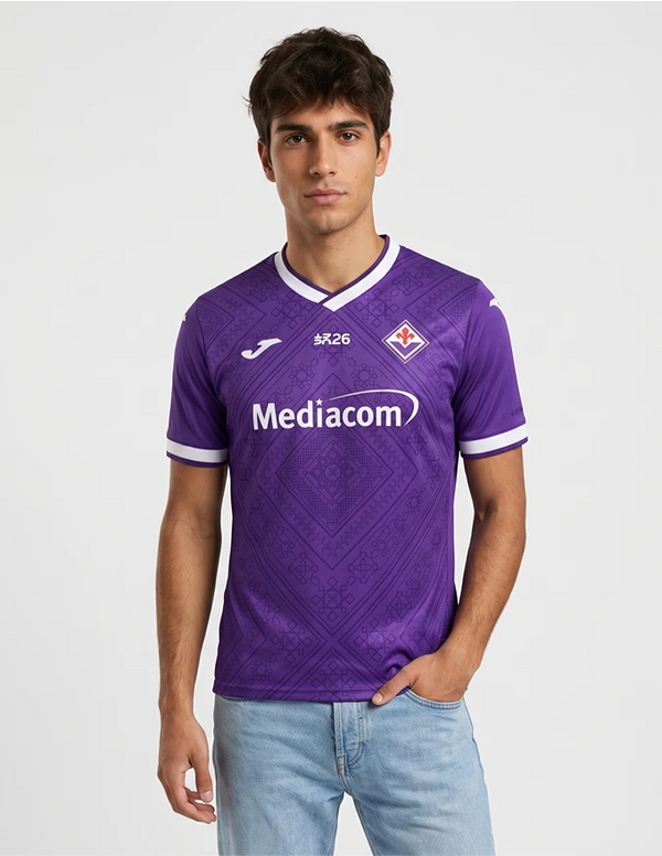 Maglia Fiorentina Home 2026/2027 Joma viola con motivo damascato stemma giglio e sponsor Mediacom