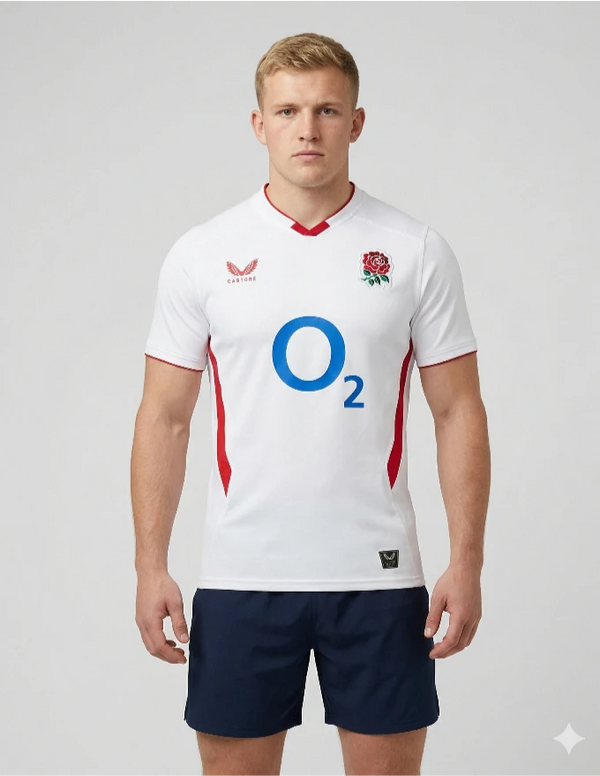 inghilterra rugby maglia home 2025 2026 castore bianca rosa tudor rossa o2