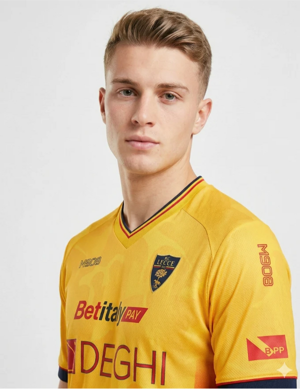 Lecce Maglia Home 2025/2026 M908 - Dettaglio Stemma Leone e Colletto Tricolore