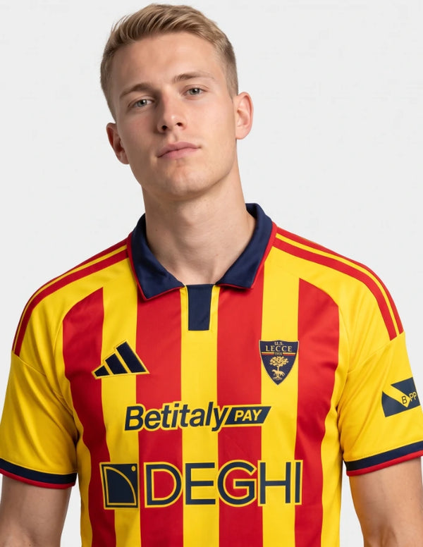 Dettaglio maglia Lecce Home 2026/2027 Adidas stemma U.S. Lecce sponsor Betitaly Pay e Deghi