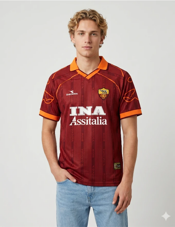 Maglia AS Roma Home 1999/2000 Diadora bordeaux con sponsor INA Assitalia e colletto arancio