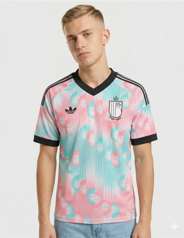 maglia belgio away 2026 adidas originals rosa turchese pattern cerchi mondiali