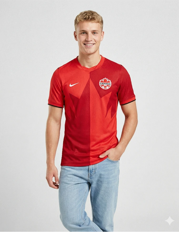 Maglia Canada Home 2026 Nike indossata da modello, vista frontale intera: rosso brillante con grafica geometrica a stella sul petto, stemma Canada Soccer a destra e swoosh Nike bianco a sinistra, colletto a V, polsini con banda nera, abbinata a jeans chiari