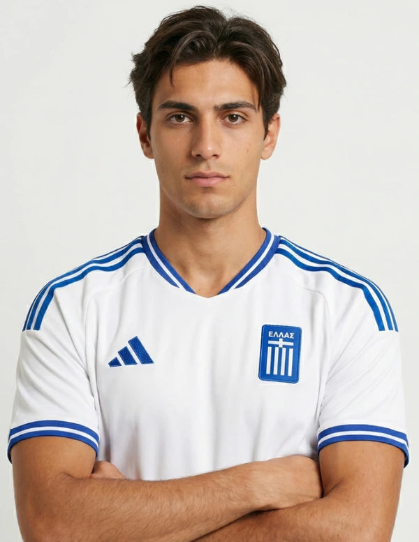 maglia grecia home 2026 adidas dettaglio stemma ellas colletto blu bianco