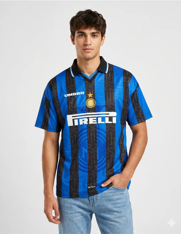 Maglia Inter Home 1997/1998 Umbro a strisce nerazzurre con pattern a scritte colletto polo nero e stemma Inter indossata da modello