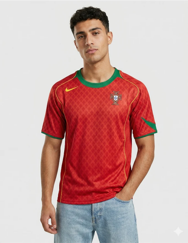 Maglia Portogallo Home 2004 Nike rossa con pattern a rombi, colletto verde e stemma FPF indossata da modello