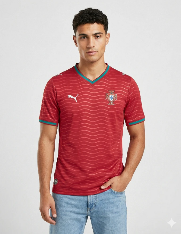 Maglia Portogallo Home 2026 Puma rossa con pattern a onde tono su tono e colletto V verde smeraldo indossata da modello
