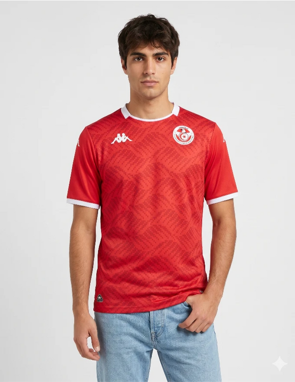 Maglia Tunisia Home 2026 Kappa rossa con pattern geometrico indossata da modello