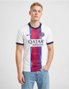 Maglia PSG Away 2026/2027 Nike bianca con banda centrale rosso-blu e sponsor Qatar Airways