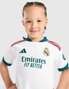 Real Madrid Completino Home Bambino 2026/2027 Adidas bianco con colletto verde teal e strisce bordeaux - ritratto busto