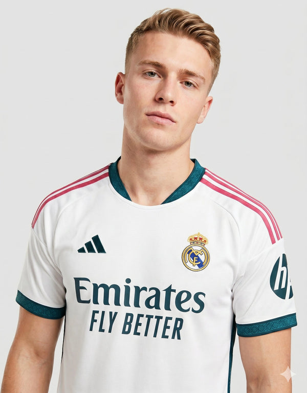 Dettaglio Real Madrid maglia home 2026/2027 Adidas con stemma Real Madrid sponsor Emirates Fly Better e logo HP