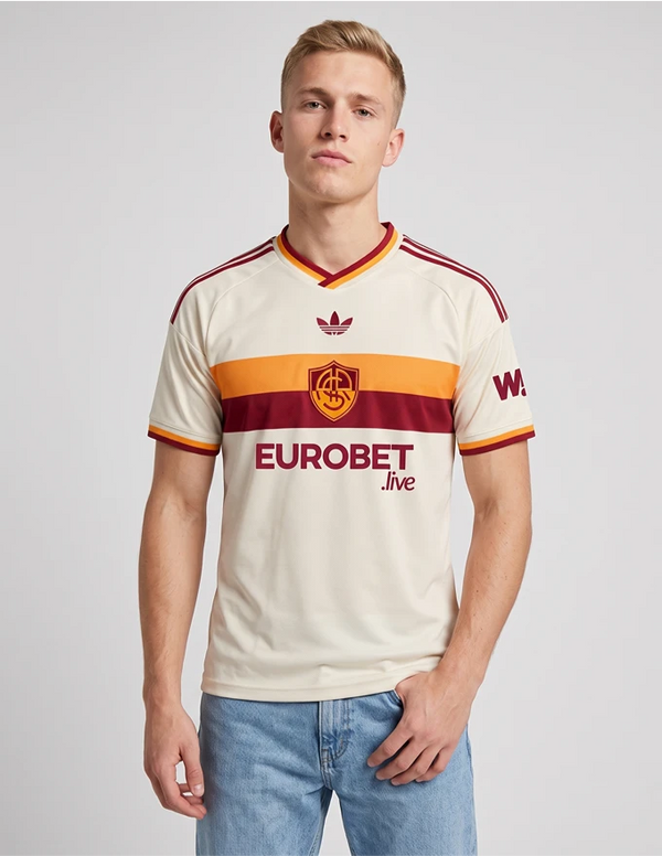 Maglia AS Roma Away 2026/2027 adidas bianca con colletto a V giallorosso indossata a figura intera