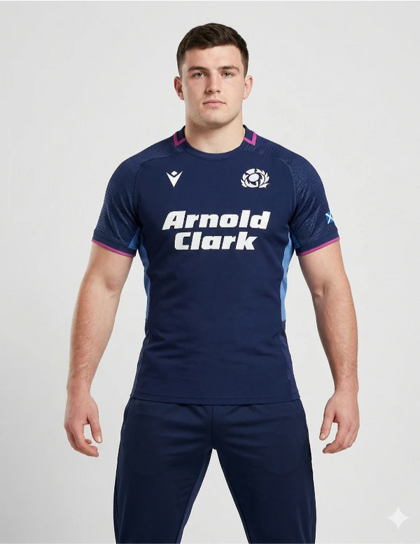Maglia Scozia Rugby Home 2025/26 Macron blu navy - Vista frontale con pannelli azzurri