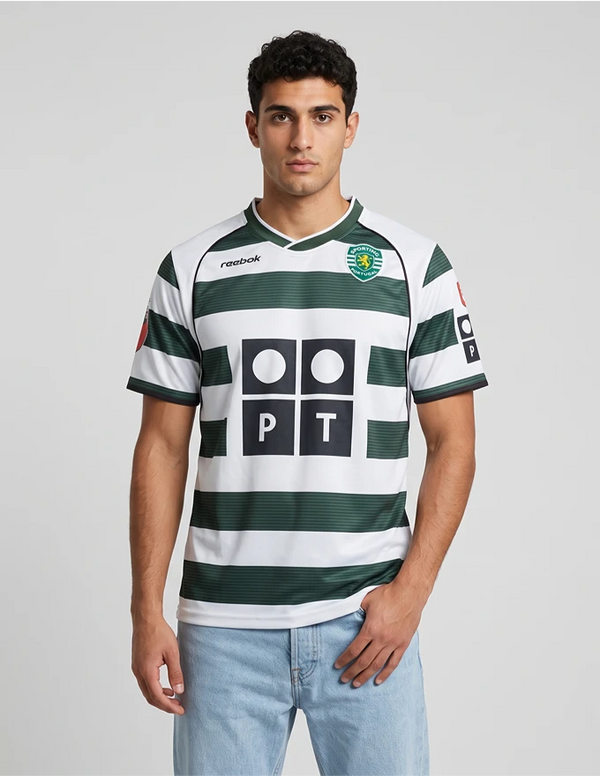 Maglia Home Sporting Lisbona 2002/2003 Reebok a strisce bianche e verdi con sponsor PT – indossata, fronte